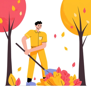 A janitor with a blank expression is sweeping a pile of leaves in a park. The janitor is wearing a bright orange uniform and is holding a large broom. Around him, vibrant autumn-colored leaves in shades of red, orange, and yellow blanket the ground. Tall trees with colorful foliage frame the scene, creating a picturesque park setting. The sky is clear with soft sunlight filtering through the branches, illuminating the leaves.