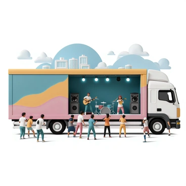 A large truck, painted in vibrant colors, with the sides opened up to reveal a mobile stage. The stage is set up with professional audio equipment, including speakers and microphones. Bright stage lights are mounted on the truck, illuminating the area. There are musicians playing instruments on the stage, including a guitarist and a drummer, both energetically performing. In front of the stage, a crowd of enthusiastic people is gathered, some are dancing while others are taking videos. The city skyline can be seen in the background, with tall buildings under a clear blue sky.