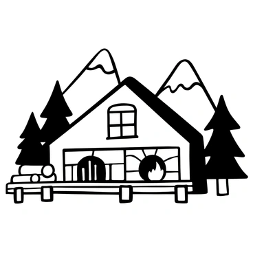 A cozy mountain cabin with a stone fireplace and views of snow-capped peaks