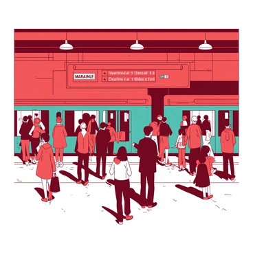 A red Marseille metro station is filled with passengers waiting and boarding trains. There are groups of people standing on the platform, some looking at their phones while others are engaged in conversation. A teal train is arriving at the station, doors opening to allow passengers to enter. The station has bright overhead lights illuminating the area, and signs displaying train information are visible on the walls. The floor is tiled and the atmosphere is lively with the sound of chatter and the movement of people.