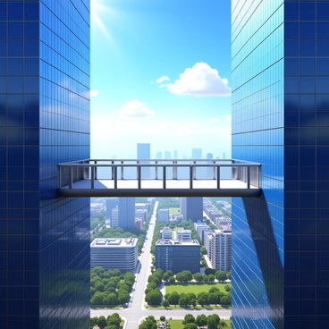 A high-altitude skywalk made of transparent glass, connecting two modern skyscrapers. The skywalk features sleek metal railings along its sides. Below, a sprawling cityscape unfolds, showcasing a mix of high-rise buildings, streets, and greenery. The sky is bright blue with a few fluffy white clouds drifting by. Sunlight glints off the glass surfaces of the skyscrapers, creating reflections that enhance the urban scenery.