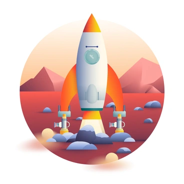 A 3D rocket is prominently displayed in the foreground, showcasing its sleek metallic design with bright orange and silver accents. The rocket's robotic arms are extended, equipped with various tools and sensors, actively exploring the rocky terrain. In the background, the red landscape of Mars stretches out, featuring rugged hills and scattered boulders under a deep orange sky. A dust cloud is slightly visible, swirling around the base of the rocket, giving a sense of movement and exploration. The overall scene captures the essence of space exploration and the extraterrestrial environment.