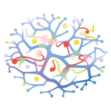 A scene where musical notes flow through a network of synapses