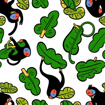A repeating pattern featuring colorful mandrills with distinctive blue and red facial markings. The mandrills are illustrated in various playful poses, such as climbing and lounging among vibrant green tropical leaves. The leaves are large and detailed, with different shades of green and hints of yellow. The scene is lively, with a mix of mandrills and leaves creating a harmonious tropical atmosphere throughout the pattern.