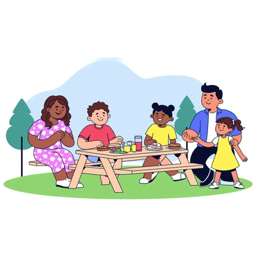 A picnic table made of light wood is set in an open grassy area. Around the table are four family members: a father with short dark hair wearing a blue shirt, a mother with long brown hair dressed in a floral dress, a young boy with curly hair in a red t-shirt, and a girl with pigtails wearing a yellow dress. They are all smiling and enjoying a meal. The table is filled with various food items like sandwiches, fruit, and a pitcher of lemonade. In the background, there are a few trees and a clear blue sky.
