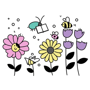 A garden filled with oversized flowers in vibrant colors, including large red daisies, purple tulips, and yellow sunflowers. Friendly insects are scattered throughout the scene, including a small green beetle, a cute ladybug with red spots, and a fluffy bumblebee. Each insect is sitting on the petals of the flowers, engrossed in reading tiny books. The beetle is perched on a flower petal, holding a miniature book open with its tiny legs. The ladybug is sitting nearby, looking at its own book with curiosity. The bumblebee, with its fuzzy body, has a little book resting on its lap as it leans back comfortably.