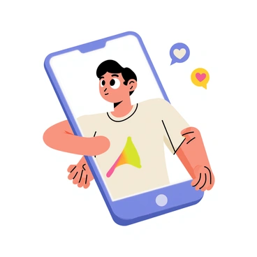A cartoon-style illustration of a person with their head entirely inside a large, glowing smartphone. The smartphone has a bright blue screen that emits a soft light, illuminating the person's face. The individual is wearing a colorful t-shirt and appears curious, with their eyes wide open. The background features a few floating icons, like a chat bubble and a heart, suggesting they are engaged with a social media app. The person's arms are visible outside the smartphone, holding it securely.