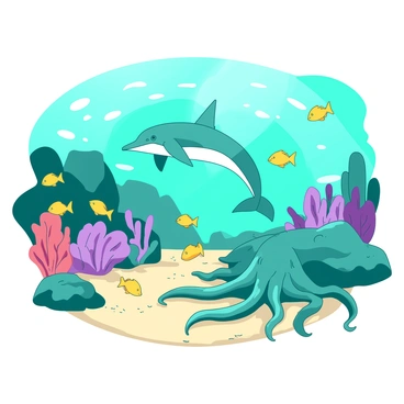 A teal origami dolphin is gracefully swimming through a vibrant underwater landscape. Surrounding the dolphin, a variety of yellow origami fish are darting playfully among colorful coral formations. In the background, a large teal origami octopus is resting on the sandy ocean floor, its tentacles elegantly spread out. Sunlight filters down from the surface, creating shimmering patterns on the sea bed, enhancing the lively atmosphere of the underwater scene.