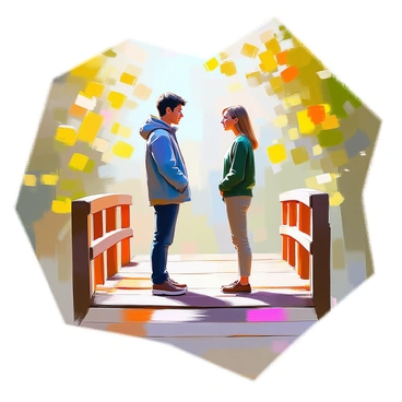 Two people stand on a narrow wooden bridge, facing each other with expressions of uncertainty. One person, wearing a blue jacket and jeans, has dark hair and is looking intently at the other. The second person, dressed in a green sweater and khaki pants, has light hair and appears to be contemplating their next move. The background features lush greenery on either side of the bridge, with dappled sunlight filtering through the leaves. The bridge is gently weathered, reflecting its exposure to the elements over time.