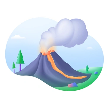 A modern pastel illustration of a volcano erupting. The volcano, depicted in dark gray and brown tones, is actively spewing bright orange lava that flows down its sides. Billowing clouds of ash rise high into the sky, creating a dramatic contrast with the bright colors. The background features a clear blue sky, contrasting the volcanic activity with tranquility. Scattered around the base of the volcano are green trees and rocks, emphasizing the natural landscape surrounding the eruption.