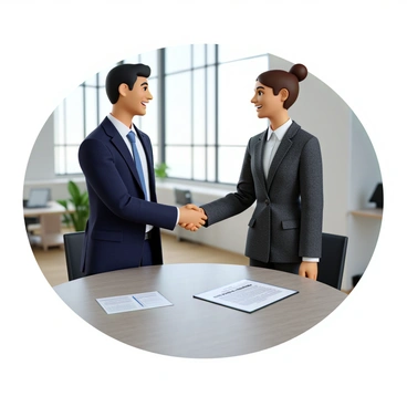Two businesspeople, one male and one female, are standing at a modern conference table. The male businessperson has short black hair and is wearing a tailored navy suit with a light blue shirt and a matching tie. The female businessperson has long brown hair pulled back in a neat bun and is dressed in a fitted gray blazer over a white blouse. They are shaking hands firmly, both smiling as they engage in a professional agreement. On the conference table, there is an "inforce illustration request form" placed in front of them, partially visible with printed text. The background features contemporary office elements, such as large windows letting in natural light and minimalist décor.
