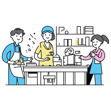 A family of four, consisting of a father, mother, and two children, is engaged in crafting furniture inside a carpentry workshop. The father, wearing a plaid shirt and a cap, is using a saw on a piece of wood, while the mother, dressed in an apron, is measuring another piece on a workbench. One child, a girl with pigtails, is sanding a wooden chair, and the other child, a boy with glasses, is stacking finished pieces against the wall. The workshop is dusty, with beams of light filtering through small windows, and various tools are neatly arranged on the shelves.