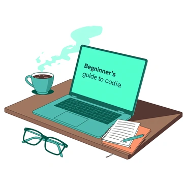 A teal laptop is open on a wooden desk, displaying a "beginner's guide to coding" on the screen in clear text. In front of the laptop, a pair of glasses rests next to a small orange notebook filled with handwritten notes. Nearby, a cup of steaming coffee sits, adding a cozy element to the scene. The surrounding area is illuminated by soft light, creating a focused atmosphere for learning.