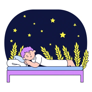 A young man named Joseph is lying on a simple bed, lost in a deep sleep. His expression is peaceful as he dreams. Above him, a dark night sky filled with bright twinkling stars forms a canopy. Each star shines with a distinct glow, illuminating the scene. Surrounding him are sheaves of golden wheat, appearing to bow down gracefully towards him. The wheat is arranged in neat bundles, their golden color contrasting against the dark sky. The overall composition captures a serene and dreamlike atmosphere.