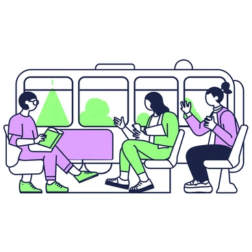 A bus interior is filled with university students occupying the various seats. On the left, a student with glasses is focused on reading a textbook, the book resting on their lap. Next to them, two students are engaged in a lively conversation, gesturing with their hands. In the back, a group of three students is sharing notes, with one of them writing in a notebook. The bus is brightly lit, and the window shows faint outlines of trees passing by.