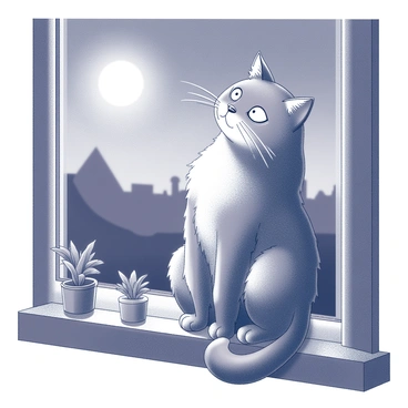 A wise old cat with a bushy tail is perched on a windowsill. The cat's fur is thick and shows signs of age, with tufts of white scattered throughout. Its eyes are large and reflective, capturing the light as it gazes thoughtfully at the night sky. The moon shines brightly, casting a soft light on the scene. The windowsill is adorned with small potted plants, and the faint outline of rooftops can be seen in the background against the nighttime sky.