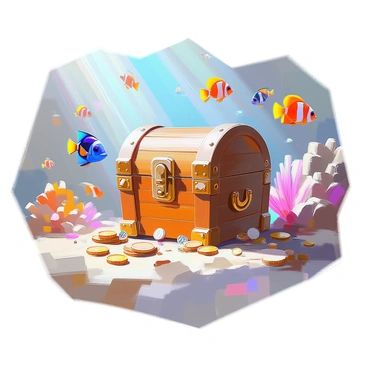 A detailed scene depicting a treasure chest resting on the ocean floor. The chest is wooden, adorned with brass fittings, and partially opened to reveal glimmering gold coins and sparkling jewels inside. Surrounding the chest are swarms of colorful fish, including vibrant clownfish, yellow tangs, and blue parrotfish, swimming gracefully in the clear water. The sunlight filters through the surface, creating dappled patterns on the sand and illuminating the treasure chest and fish. Coral formations and seaweed can be seen in the background, enhancing the underwater setting.
