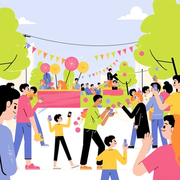 A vibrant street filled with cheerful crowds of people. The individuals are smiling and waving as they watch a colorful parade pass by. The parade features large, decorated floats adorned with bright flowers and balloons. Colorful streamers hang from the floats, fluttering in the breeze. Children are holding colorful flags and candy, while adults are taking photos with their smartphones. The sky is clear and blue, adding to the joyful atmosphere of the scene.