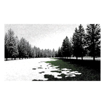 A landscape engraving depicts the transition of seasons across a single scene. On one side, there is a winter scene with white snow covering the ground, and bare trees dusted with frost. In the center, a melting snowbank reveals patches of green grass, symbolizing the arrival of spring. Moving towards the opposite side, the landscape transforms into a vibrant summer scene, featuring lush green trees with full foliage and a bright sun shining overhead. Each section smoothly blends into the next, illustrating the gradual change from winter to summer.
