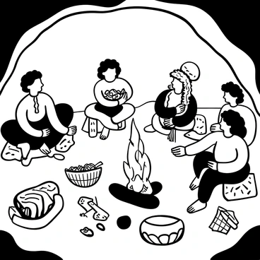 A Neanderthal family is gathered around a crackling fire inside a cave. The scene shows several Neanderthals sitting on the ground, with stone tools and cooking implements scattered around them. One Neanderthal is holding a large piece of meat while another is passing a bowl filled with foraged vegetables. The fire casts flickering shadows on the cave walls. Various animal skins and primitive artifacts are arranged around the family's gathering spot. The atmosphere conveys a sense of community and shared sustenance.
