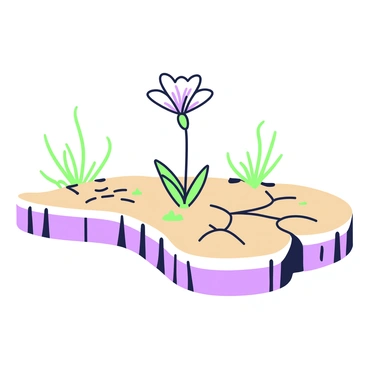 A riverbed with cracked earth stretches across the image. The soil exhibits deep fissures, revealing a rugged texture. In the center, a single flower emerges from the dry ground, standing tall against the barren landscape. The flower has delicate petals that contrast with the surrounding earth, drawing the eye. Sparse patches of dried grass can be seen nearby, enhancing the dryness of the environment. The sky above is clear, allowing bright sunlight to illuminate the scene.