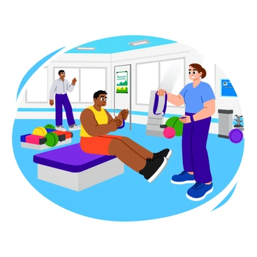 A fighter in athletic wear is sitting on a padded therapy bench, performing physical therapy exercises. They have a determined expression on their face, focusing on their rehabilitation. The fighter is lifting a resistance band with both hands, their arms showing muscular definition. An array of therapy equipment is visible in the background, including weights and stability balls. A physical therapist, wearing a uniform, is observing and providing guidance. Bright, overhead lights illuminate the therapy area, creating a clean and dynamic environment. "Recovery in progress" is displayed on a nearby motivational poster on the wall.