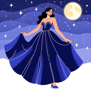 A woman wearing a fitted midnight blue ball gown with a flowing skirt twirls gracefully. Her gown shimmers with silver accents as it catches the light. She has long, wavy hair cascading down her back and sparkling in the moonlight. Surrounding her, a vast sky filled with twinkling stars creates a magical atmosphere. The stars vary in size and brightness, adding depth to the scene. A large, luminous moon hangs in the background, casting a gentle glow over the woman as she dances.