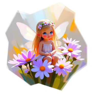 A tiny garden fairy sitting amidst a cluster of vibrant aster flowers