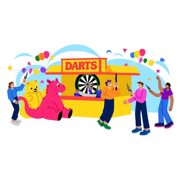 A vibrant carnival scene featuring an exaggerated dart game booth. The booth is brightly colored, with a large, bold sign that reads "DARTS" in playful letters. In front of the booth, there are oversized plush prizes, such as a giant yellow teddy bear, an enormous red plush dragon, and a massive blue unicorn, all displayed prominently. The backdrop includes colorful balloons and streamers, creating a festive atmosphere. Several contestants are seen throwing darts, with a focus on their enthusiastic expressions and the colorful darts in motion. The ground is busy with people, adding to the lively carnival vibe.