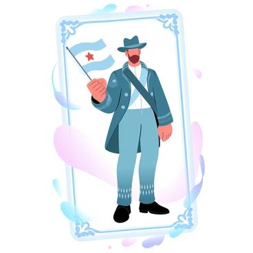 A patriot stands tall while holding a small flag in one hand. The patriot is dressed in a vintage outfit that suggests a historical context. The clothing features intricate details and textures, conveying a sense of pride and honor. The background includes soft gradient pastel colors that enhance the overall composition. A decorative border surrounds the image, adding a classic touch to the carte de visite format.