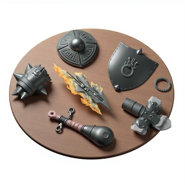 A wooden table displays a detailed array of Kratos' arsenal. In the center, there are the iconic "Blades of Chaos," intricately designed with fiery accents and chains attached, resting beside a polished, menacing axe with a leather-wrapped handle. The table is adorned with pieces of armor, including a chest plate made of dark metal with engraved patterns and shoulder guards that radiate strength. A pair of gauntlets, featuring spikes and intricate designs, lies next to a shield bearing Kratos' emblem. The scene captures the essence of his warrior spirit with each item positioned to highlight its unique features and craftsmanship.