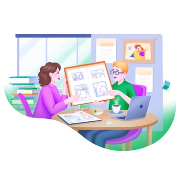 A modern pastel illustration depicting an author and an illustrator seated together at a wooden table in a bright publishing office. The author, a middle-aged woman with curly brown hair, is holding a sketchbook open to various storybook drawings. The illustrator, a young man with glasses and short blonde hair, is pointing at a colorful illustration of a whimsical character. Surrounding them are stacks of books, a laptop, a steaming cup of coffee, and a bulletin board filled with notes and sketches. A window with soft light filters in, illuminating the creative atmosphere.