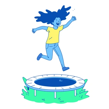 A blue girl is joyfully bouncing on a white trampoline. The girl's hair is flying up in the air, creating a sense of movement and excitement. She is wearing a bright yellow t-shirt and denim shorts. The background features a clear sky, enhancing the joyful atmosphere of the scene. The trampoline is surrounded by lush green grass, adding vibrancy to the image.