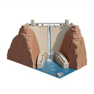 A detailed overview illustration of the Hoover Dam showcasing its key engineering features. The dam stands prominently, with a height of approximately 726 feet and a width at the top of about 45 feet. The structure's concrete surface is textured, displaying its robust construction. Water flows from the top of the dam, cascading down into the reservoir below. Additionally, the illustration includes a scale next to the dam to emphasize its impressive size. Surrounding the dam, there are mountains and a clear blue sky, providing context to its location.