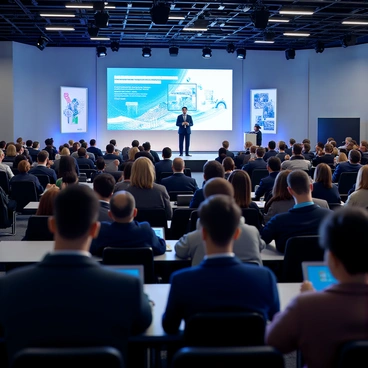 A large technology conference hall filled with attendees. The audience consists of diverse individuals, including men and women of various ethnicities, all attentively listening to the keynote speaker. The speaker, a middle-aged man with short black hair wearing a tailored navy suit, stands at the center of the stage behind a podium. Bright lights illuminate the stage and the surrounding area, highlighting a large screen displaying dynamic visuals related to technology topics. People in the audience are seated in rows of chairs, some taking notes on laptops, while others are engaged in conversation. The atmosphere is professional and focused, with a sense of excitement and interest among the attendees.