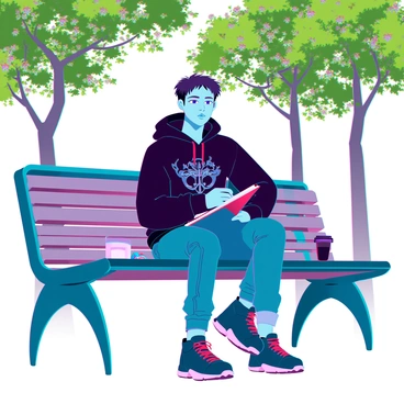 A young man with dyed black hair, styled in an edgy manner, sits on a park bench. He wears a black oversized hoodie with graphic designs, skinny jeans, and chunky sneakers. His eyes are focused on a notebook in his lap as he sketches intently with a pencil. Surrounding him are lush green trees with vibrant leaves and colorful flowers in bloom. The sunlight filters through the foliage, creating dappled shadows on the ground. Small details like a coffee cup next to him and a few scattered art supplies can be seen on the bench.