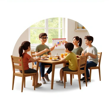 A family of four gathered around a wooden kitchen table during breakfast. The table is set with plates of toast, bowls of fruit, and mugs of coffee and juice. A father with short brown hair and glasses is sitting at the head of the table, pointing at a calendar with colorful notes on it. A mother with long brown hair tied back in a ponytail is smiling and listening attentively. Two children, a boy with curly hair and a girl with straight hair, are leaning forward excitedly, looking at the calendar as they discuss their plans. Sunlight streams in through a window, illuminating the warm colors of the kitchen.