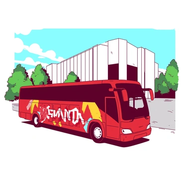 A red tour bus is parked outside a large white iconic venue. The bus is vividly decorated with graphics showcasing Linkin Park's distinctive logo and album artwork. Bright colors and intricate designs cover the sides of the bus, making it stand out against the venue's exterior. In the background, there are a few trees with green foliage that complements the scene, while a clear blue sky provides a vibrant atmosphere.