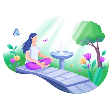 A person sitting cross-legged on a stone path, deeply focused in meditation. The individual has long, flowing hair and is wearing loose-fitting, light-colored clothing. Surrounding the person is a lush garden filled with colorful flowers, green shrubs, and a small fountain gently bubbling in the background. Soft rays of sunlight filter through the leaves of nearby trees, casting dappled shadows on the ground. A few butterflies flutter around the blossoms, adding a touch of movement to the tranquil scene.