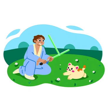A young Jedi in a light-blue robe is sitting on a grassy field with a joyful expression. The Jedi is using a small, bright green lightsaber for play, while a small, fluffy creature with large, expressive eyes and soft, beige fur playfully jumps around. The creature is chasing after the lightsaber's glow, its tiny paws outstretched. The scene is filled with vibrant colors of green grass and blue skies, creating a lively atmosphere. The background features distant trees and small flowers scattered across the field.