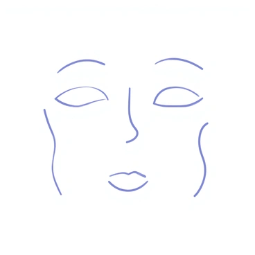 A minimalist line drawing of a face featuring smooth, clean lines. The face has a rounded shape with a small nose and simple closed eyes represented by gentle curves. The mouth is depicted as a subtle, understated line. The overall composition is elegant and uncluttered, emphasizing the simplicity of the facial features.