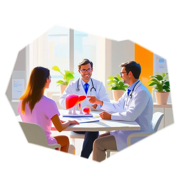 A friendly doctor with light skin and short brown hair is seated at a desk in a bright office, engaging with a patient. The doctor is wearing a white coat and glasses, demonstrating a warm demeanor. On the desk, there is a detailed model of a human liver, prominently displayed, with the doctor pointing to it as they explain fatty liver disease. The office features bright, inviting colors, with a window allowing natural light to fill the space. There are medical charts and a few potted plants in the background, adding to the professional yet welcoming atmosphere. The patient, sitting across the desk, appears attentive and curious.