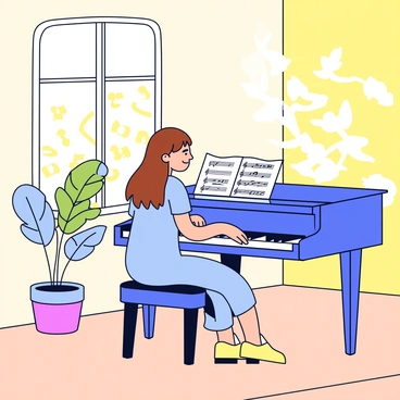 A girl with long brown hair is sitting at a grand piano, her right hand gracefully pressing down on the keys. She wears a light blue dress that flows gently around her as she sits. The music room is filled with warm sunlight streaming through large windows, casting bright patches on the wooden floor. Sheet music is open in front of her, displaying notes and symbols. A potted plant sits in the corner of the room, complementing the serene atmosphere. The walls are painted a soft cream color, enhancing the bright and inviting feel of the space.