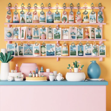 A souvenir shop, filled with an array of colorful keychains hanging from displays that capture the essence of various countries. The walls are lined with shelves showcasing postcards featuring iconic landmarks and natural wonders from around the world. Small trinkets, including miniature figurines and handcrafted items, are arranged neatly on a counter, inviting customers to explore. The lighting is warm, creating an inviting atmosphere that draws in visitors looking for unique mementos.