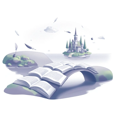 A bridge constructed from several open books, each displaying different pages with text and illustrations. The books are arranged in a curved pathway, leading across a calm body of water. On one side of the bridge, the land features greenery and gentle slopes. In the distance, a magical island is visible, adorned with towering trees, whimsical structures, and vibrant foliage. Floating above the island are various story elements, like quills and ink bottles, creating a sense of enchantment. The sky is filled with soft clouds, suggesting a serene atmosphere.