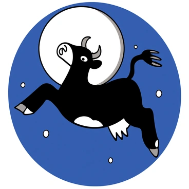 A cow with a muscular build and a smooth black-and-white coat is mid-leap, its hooves extended as it gracefully jumps through the air. The background features a large full moon, glowing brightly, casting a silvery light that outlines the cow's silhouette. The sky is a deep navy blue, scattered with distant stars, enhancing the dramatic effect of the scene. The cow's expression appears focused and determined as it leaps, creating a sense of motion and energy.