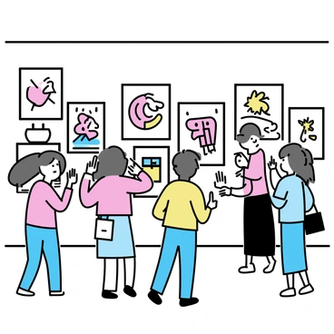 A gallery wall filled with colorful Throtem illustrations. The illustrations feature intricate designs and bold colors, each one framed in simple black frames. The wall is painted in a neutral tone to enhance the vibrancy of the artwork. Soft lighting highlights the details of each piece, creating a visually engaging atmosphere. Visitors can be seen admiring the illustrations, with some pointing at specific pieces, adding a dynamic element to the scene.