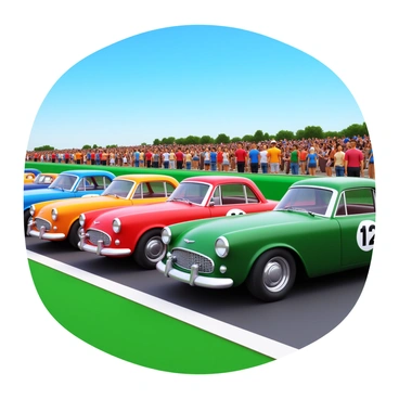 Classic race cars lined up at the starting line of a vintage car race event