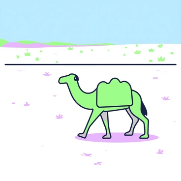 A vast salt desert landscape stretches across the scene in the Rann of Kutch. The ground is flat and shimmering under the sun, covered in a layer of white salt that glistens intensely. In the foreground, a solitary camel is walking, its hooves leaving faint imprints in the salt. The camel has a humped back and is adorned with a simple saddle. In the background, the horizon is dotted with sparse vegetation and small tufts of scrub, extending towards a clear blue sky. The entire scene captures the stark beauty of the desert environment.