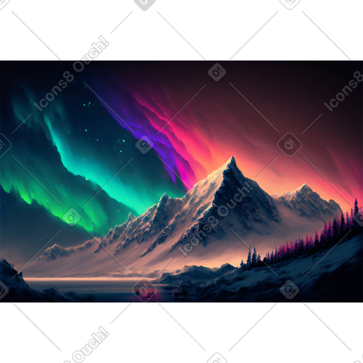 3D mountain landscape with aurora background illustration in Experimental style download in PNG, SVG